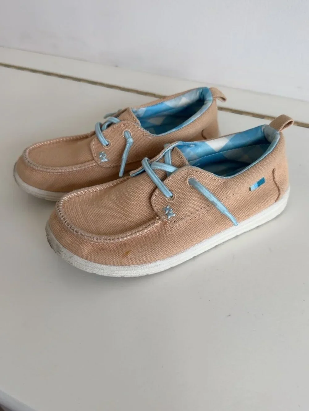 Cat & Jack Kids Canvas Boat Shoes Tan Blue Size 12